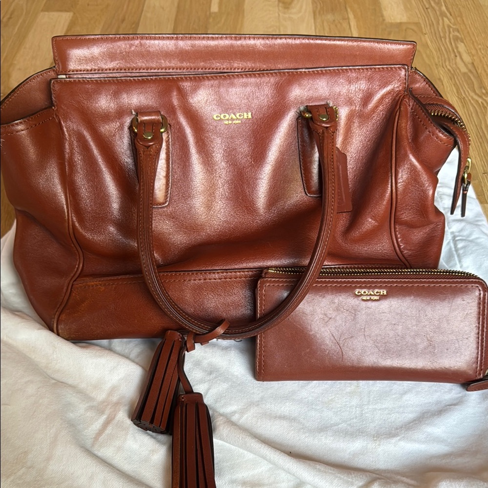 Coach Brown Leather Shoulder Bag with Tassel Detail